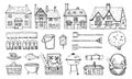 Old Europe coutryside houses, plants, picnic goods and garden tools. Vector sketch outline hand drawn illustration